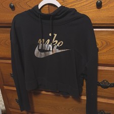 Nike Women's Sweatshirt Black Gold Silver Metallic Small Hoodie Cropped