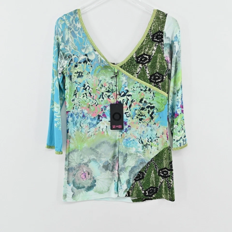Save the Queen Sequin Floral Top Womens Size S Blue Green Italy Mixed MediaBot - Image 2 of 4