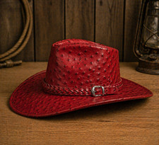 Unisex Red Cowboy Hat  Ostrich Leather – Western Wide Brim Fedora, Braided Band