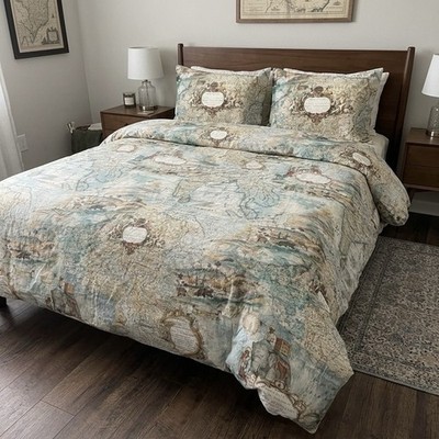 Potterybarn Full Queen Duvet Cover 2 Standard Shams Retired HTF Antique Map