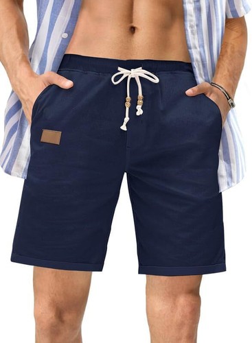 Mens Cotton Linen Casual Shorts Elastic Waist Drawstring Summer Beach Shorts - Picture 36 of 47