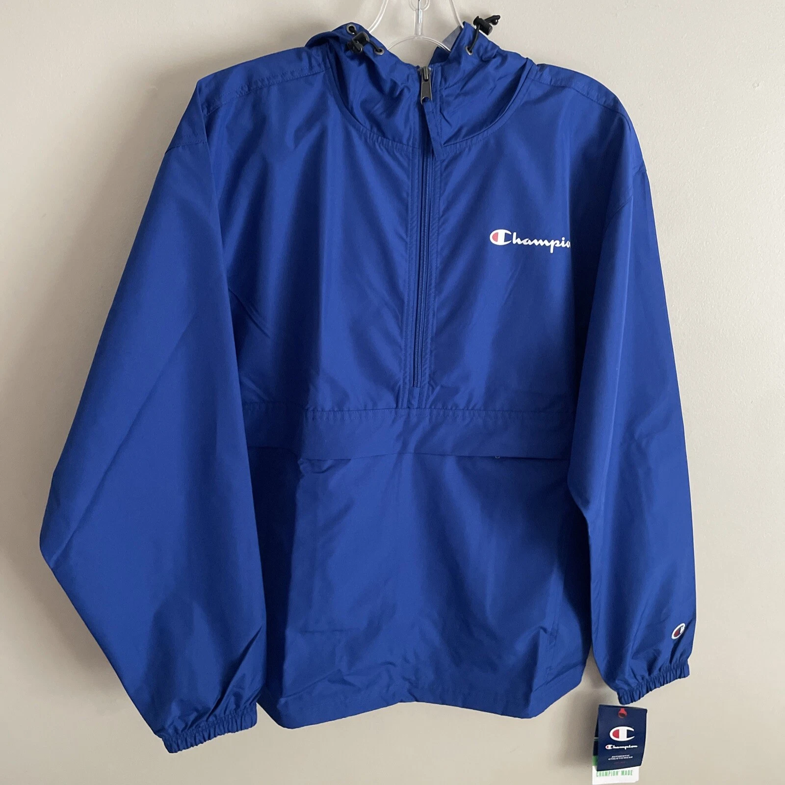 NEW Champion Men Windbreaker Jacket Stadium Packable Wind Water Resistant S Blue