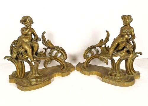 Paire chenets Louis XV bronze chérubins Bacchus enfants Napoléon III XIXème - Afbeelding 1 van 1