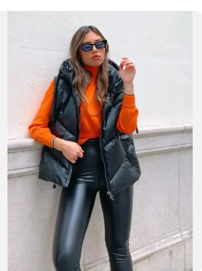 Zara Faux Leather Black Hooded Puffer Gilet Jacket BNWT Size S
