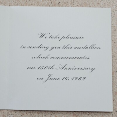 1962 First National City Bank 150th Anniversary Bronze Medallion
