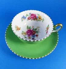 Emerald Green and Colorful Bouquet Royal Chelsea Tea Cup and Saucer Set