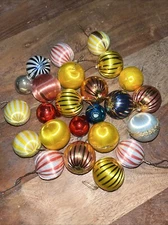 vintage Mini multicoloured 20 wrapped silk spun baubles gold striped retro