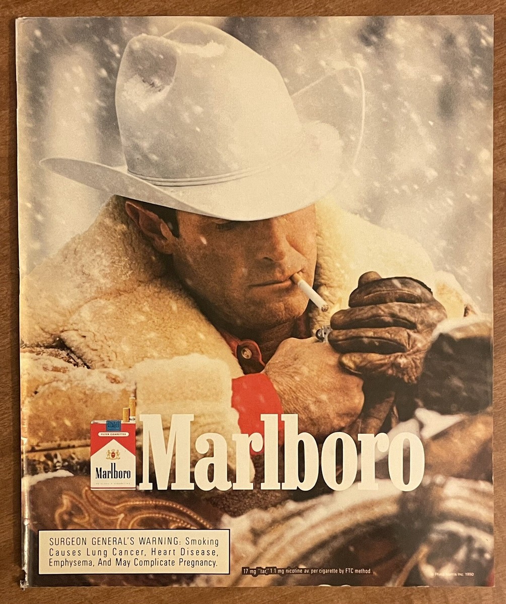 1990 Marlboro Cigarettes Smoking Cowboy in the Snow Tobacco 90s