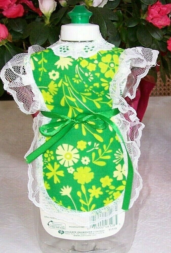 Green Flower Floral Apron Cover-up Pancake Syrup Catsup Dish Soap Bottle Gift