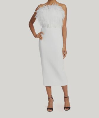 Badgley Mischka Feather Belted Midi Dress in Ivory