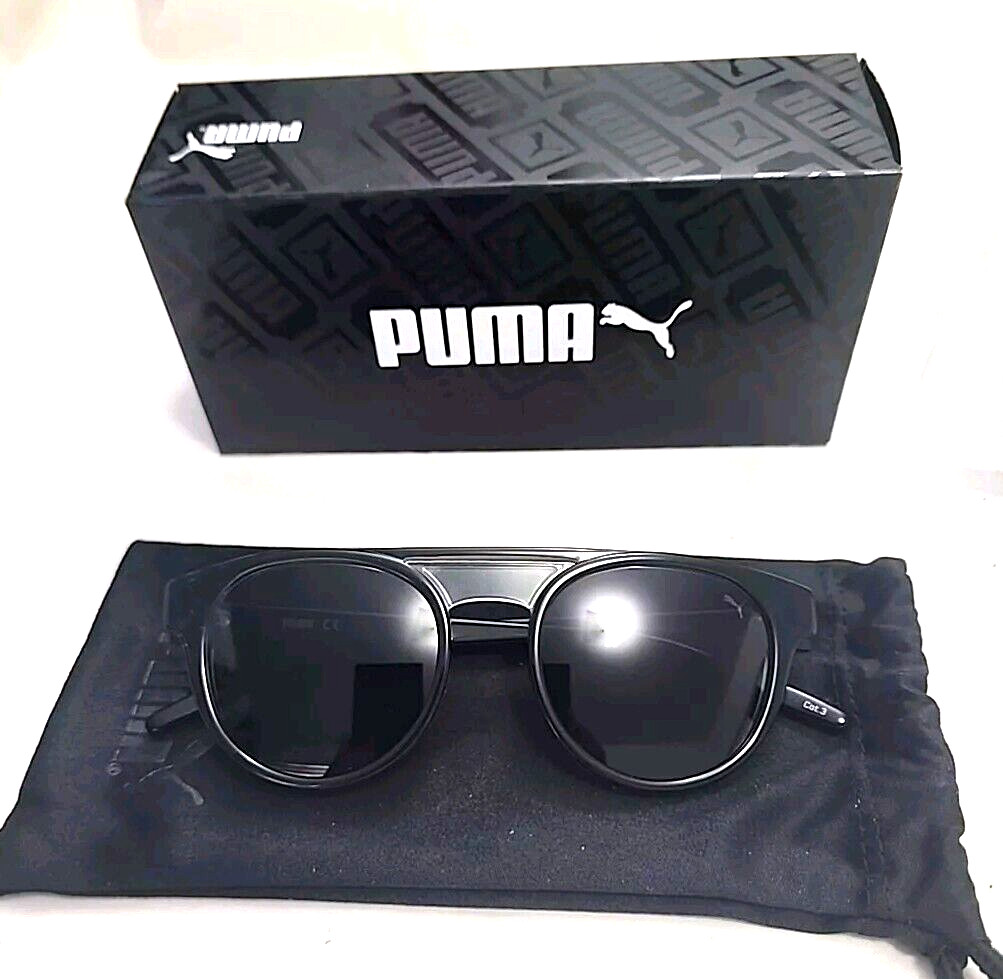 Puma PU0252S 001 Black Gray Round Unisex Sunglasses 48-20 140 New Box Pouch