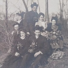 Antique Cabinet Card Photo Cute Group Women Dresses Men Hats Flower Bouquets