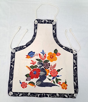 But Okinawan Bingata Canvas Apron Colorful Flowers and Butterflies Blue Border