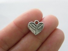 10 Angel wing heart charms antique silver tone AW11
