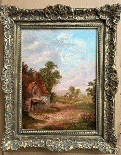 19 thCen. Antique Oil Painting Horse and Cart leaving the Tavern Towards Village