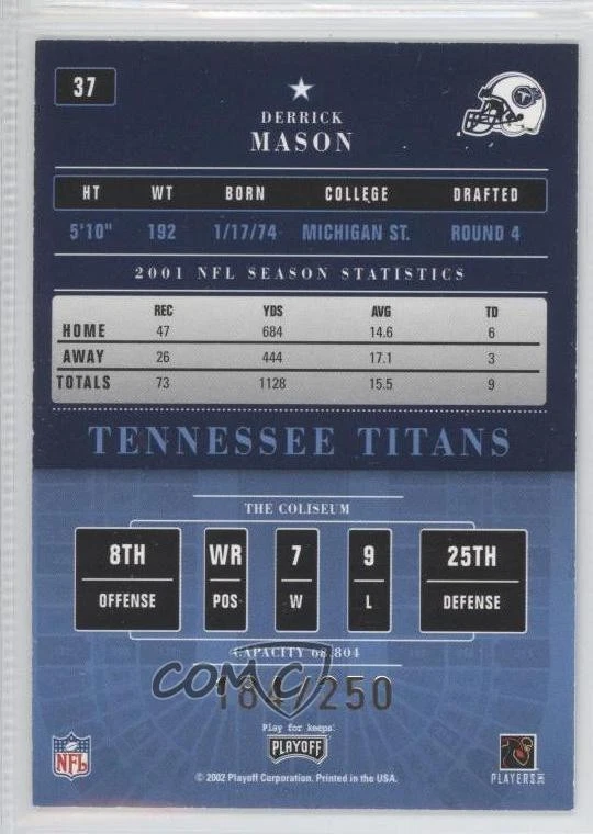 2002 Playoff Contenders Championship Ticket /250 Derrick Mason #37 - Image 2 of 2