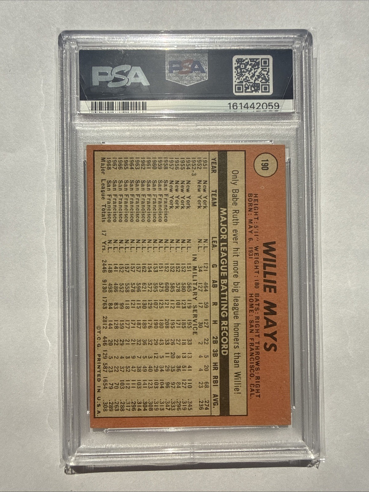 1969 Willie Mays Topps Baseball Card #190 Graded PSA 4 (VG-EX) view 2
