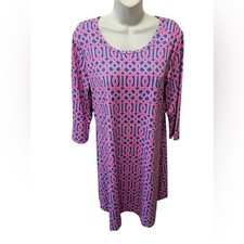 Lulu-B Pink Blue Geometric Print Travel Dress Size M 3/4 Sleeve Above Knee Knit