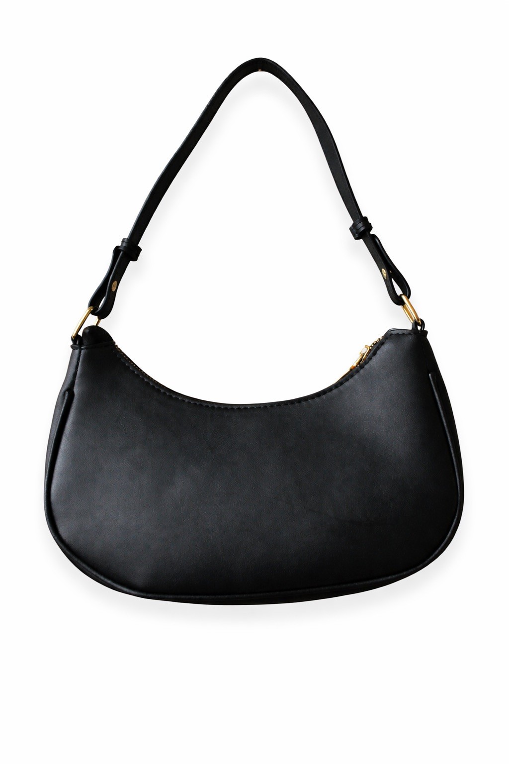 как выглядит Black Crescent Shoulder Bag - modern sleek design interior pocket - gold accents фото