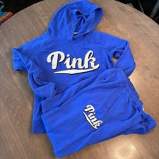Victoria  s Secret Pink 2 Piece L Hoodie S Sweatpants Set Blue White