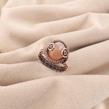 Natural Peach moonstone Gemstone Copper Wire Wrapped Ring Handmade Women Jewelry