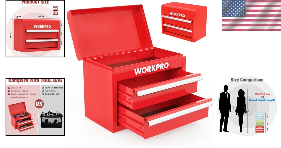 Compact Red Mini Tool Box with 2 Drawers and Top Storage for Easy Organization - Image 2 of 4
