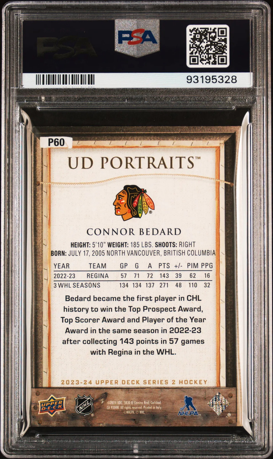 2023-24 Upper Deck UD Portraits Connor Bedard #P60 Rookie PSA 9 view 2