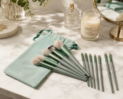 13Pcs Makeup Brushes Set Foundation Blush Powder Eyeshadow Kabuki Green with Bag