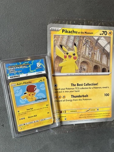 Ash's Pikachu SM113 Black Star Promo Pokémon Ace 8 Grade & Pikachu Museum Jumbo