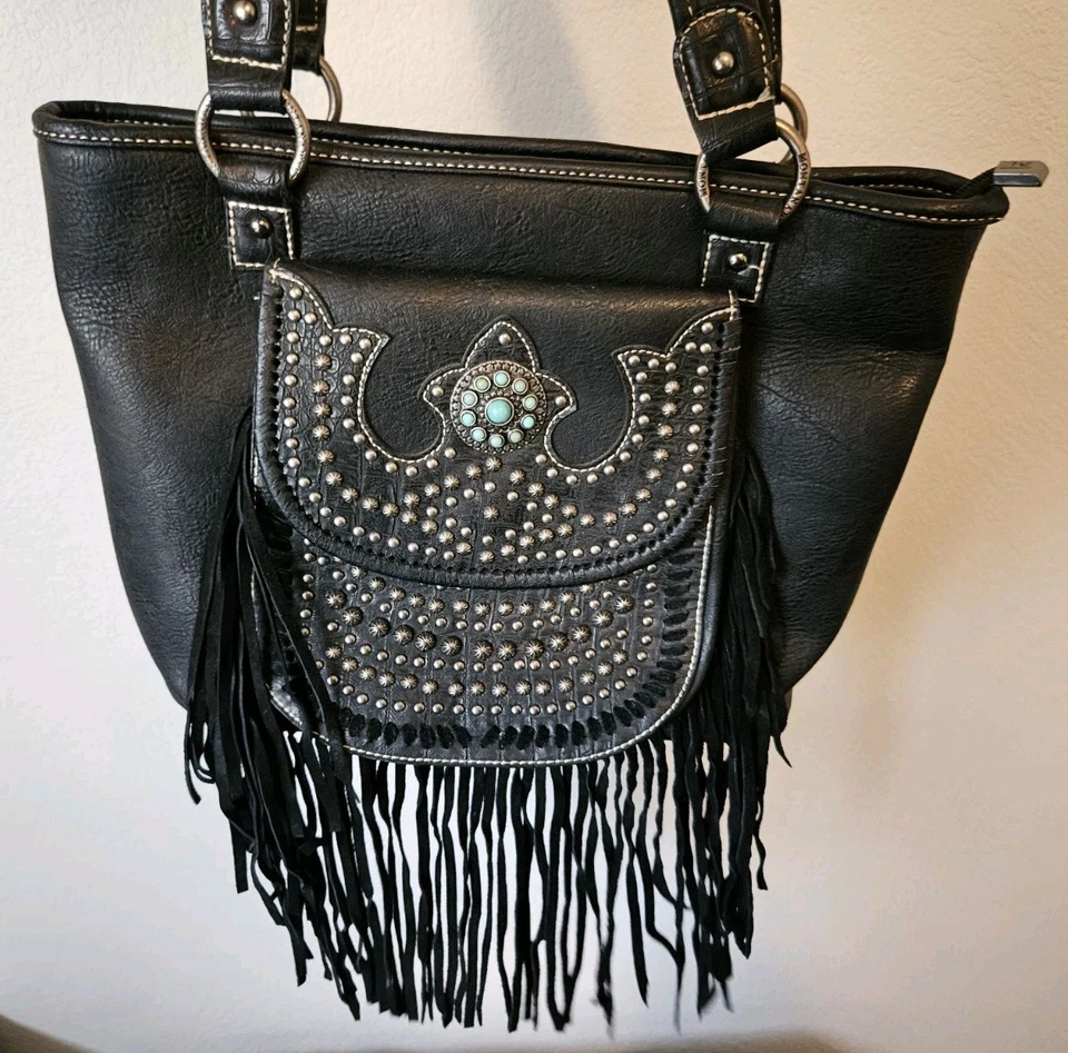 MONTANA WEST Black Studded Leather Conceal Carry Shoulder Handbag Purse Bag  - Image 2 of 4