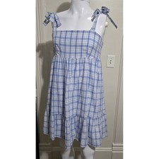 Petal & Pup Blue White Plaid Tie Shoulder Babydoll Mini Dress Plus Size Pockets