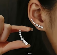 New Forest Style Pair Of Five Petal Flower Ear Cuff ,Rhinestone Star Earrings