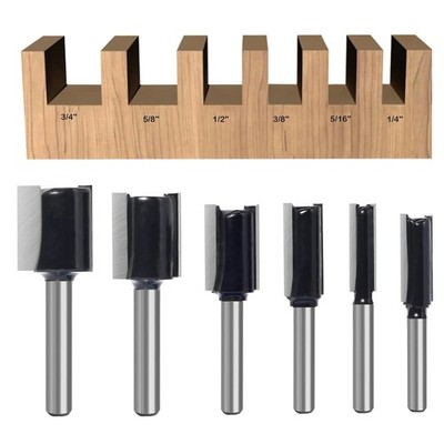 6-Piece Straight Router Bit Set 1/4-Inch Shank, Double Flute for Wood Grooving,