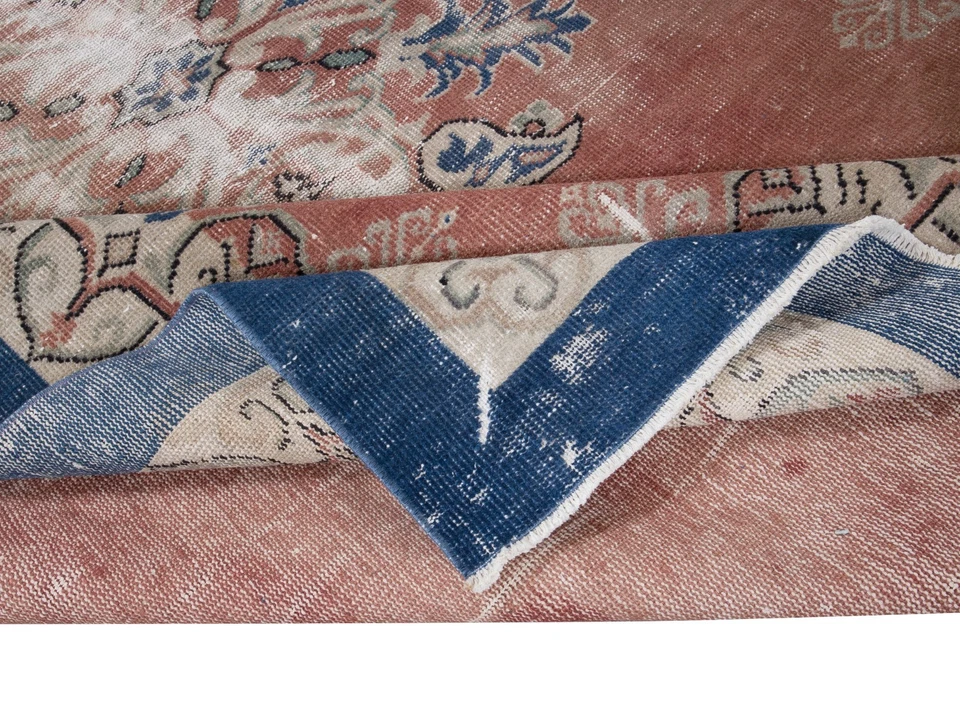 6.3x10 Ft Handmade Turkish Vintage Rug in Soft Red, Beige with Blue Solid Border - Image 3 of 4