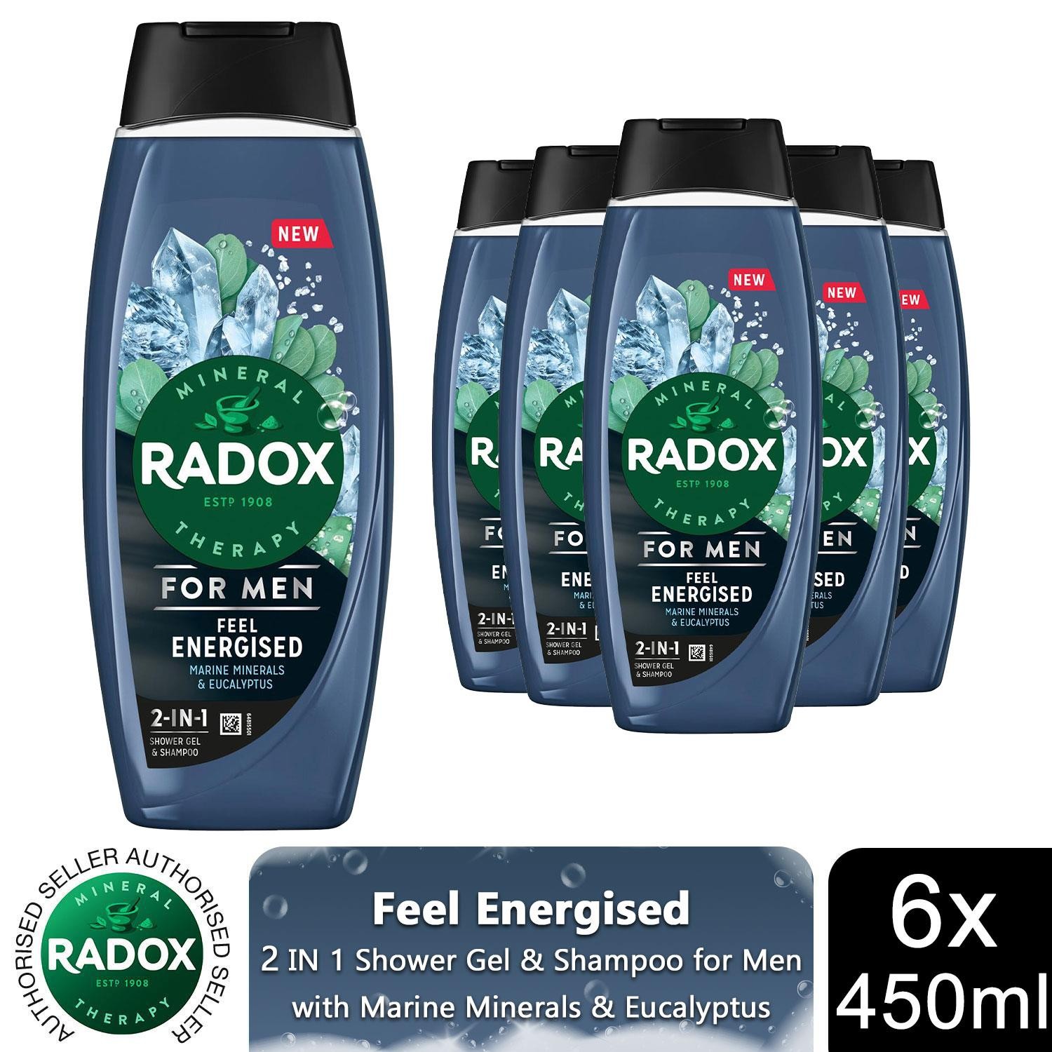 6x Radox Mineral Therapy Feel Energised 2in1 Shower Gel & Shampoo for Men, 450ml