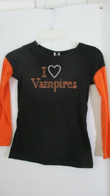 LILY BLUE~Black & Orange I LOVE VAMPIRES BLING Halloween Shirt~Girls Medium