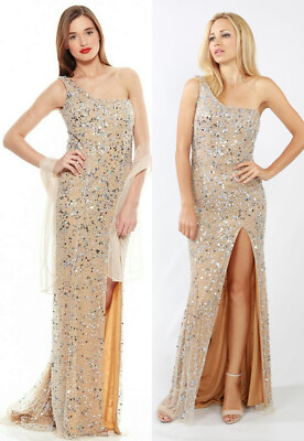 Mishel Couture Metallic Sequin Crystal One Shoulder Dress Gown & Shawl 12 $450