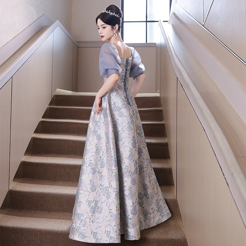 Sexy French Evening Dress Women's Light Luxury Blue Host Party Long A