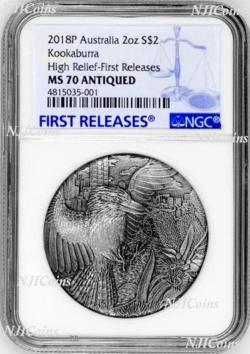 2018 AUSTRALIA Kookaburra HIGH RELIEF ANTIQUED 2oz Silver $2 COIN NGC MS70 FR