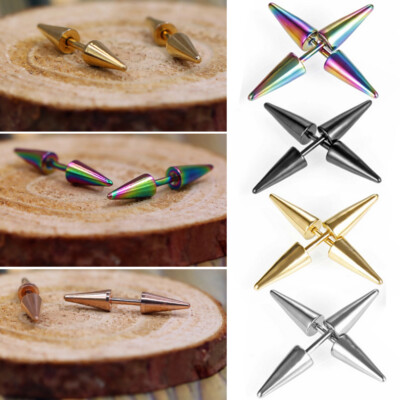 2Pcs Stainless Steel Stud Earrings Spike Rivet Screw Back Ear Piercing Women Men