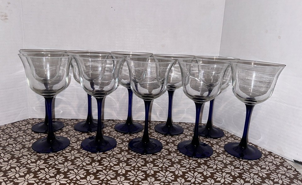 10 PC Set Vintage Luminarc Cobalt Blue Stem 8oz Tulip Wine Glasses