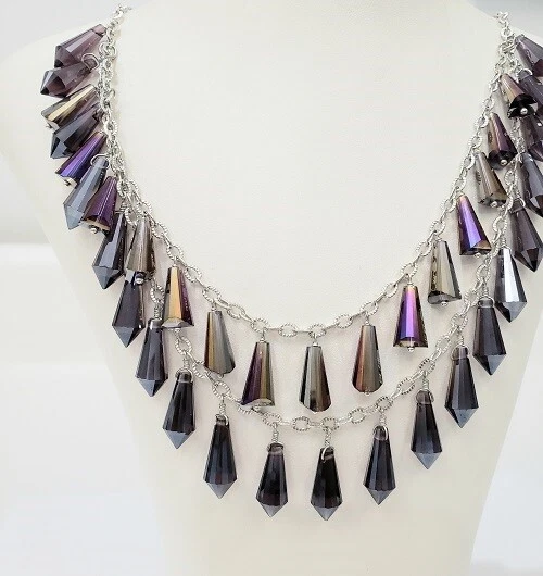 Designer Statement Amethyst dangling 2 layered necklace Silver 20-22" NEW