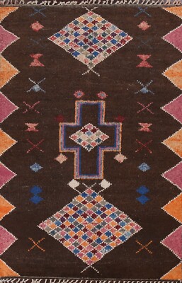 Geometric Moroccan Berber Oriental Area Rug Plush Wool Dark Brown Handmade 7x11