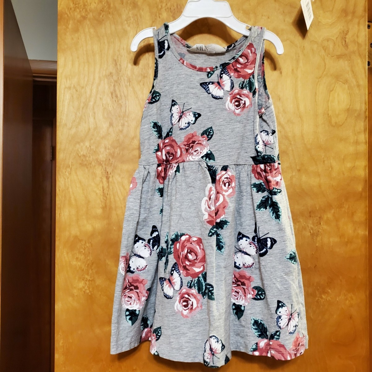 H&M GRAY W/ FLOWER JERSEY DRESS sleeveless tank SZ 2-4 GENTLY USED