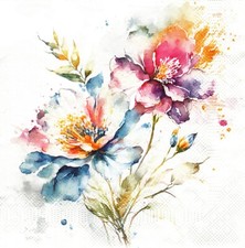  2 Two Paper Lunch Napkins for Decoupage/Mixed Media, Watercolor Pastel Flowers