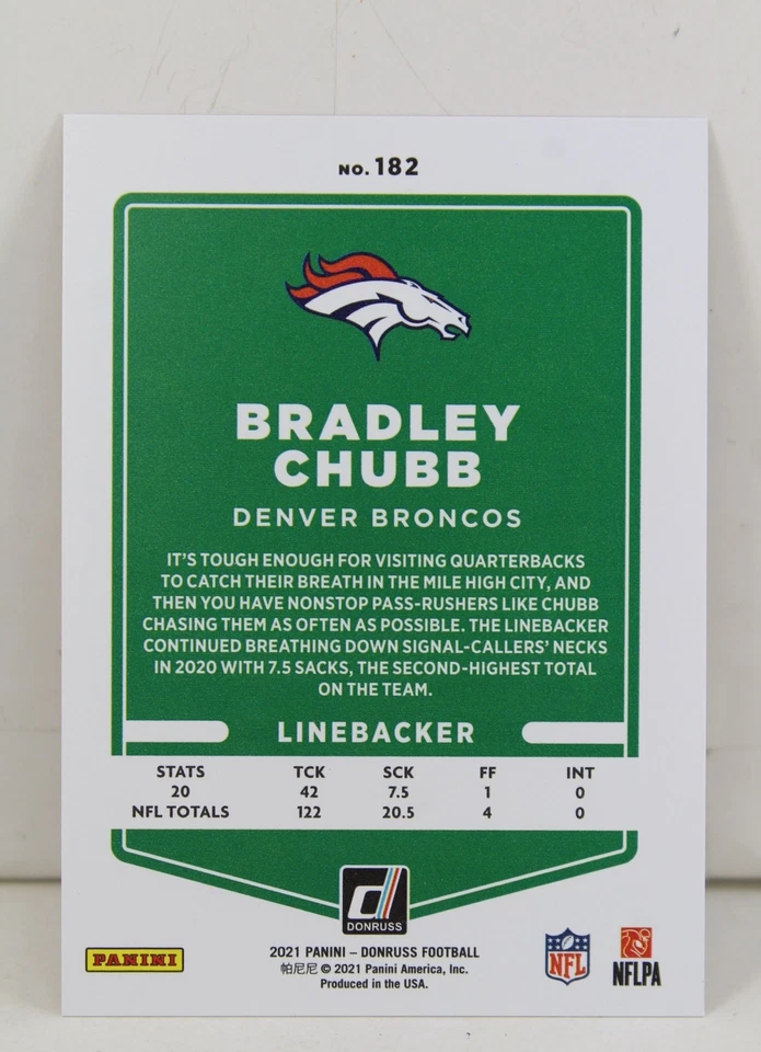 Bradley Chubb 2021 Donruss Football Gold Holo Press Proof SP Refractor Card #182 - Image 3 of 3
