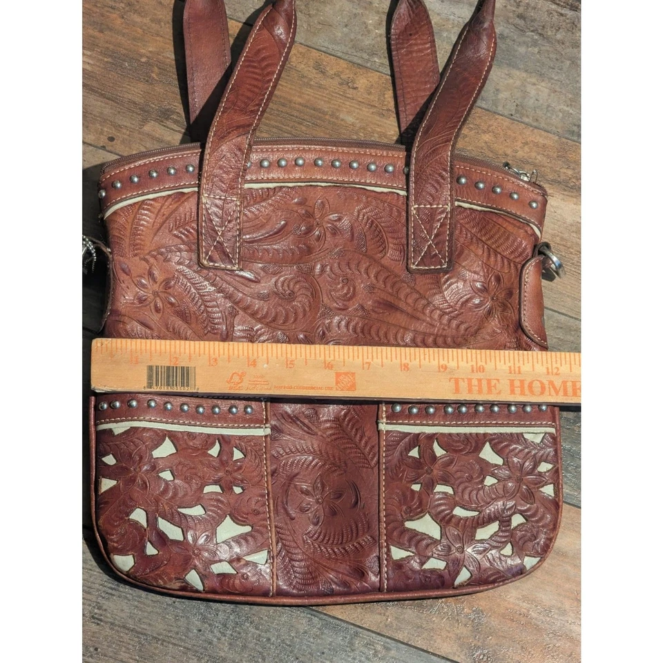 Bolso de Mano American West Cuero Tooled - Diseño Floral - Marrón con Tachuelas Plateadas Foto 4 de 4