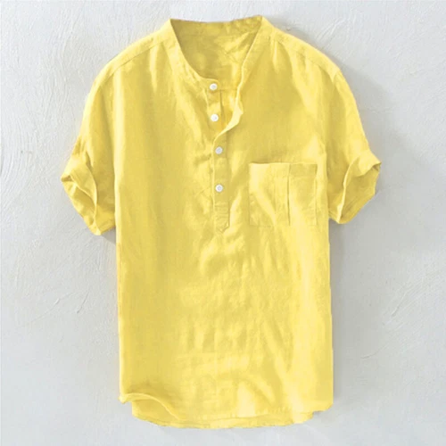 Sommer Herren Leinen Baumwolle Kurzarm Knopfleiste Hemden Brusttasche Bluse Tops - Bild 8 von 14
