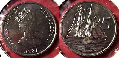 Cayman Islands 1987 25 Cents Elizabeth II Ship KM-90 Copper-nickel BUNC #110