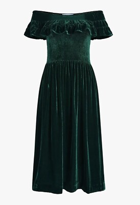 HILL HOUSE The Akilah Nap Dress S Emerald Velvet Off the Shoulder Ruffle  Smocked | eBay